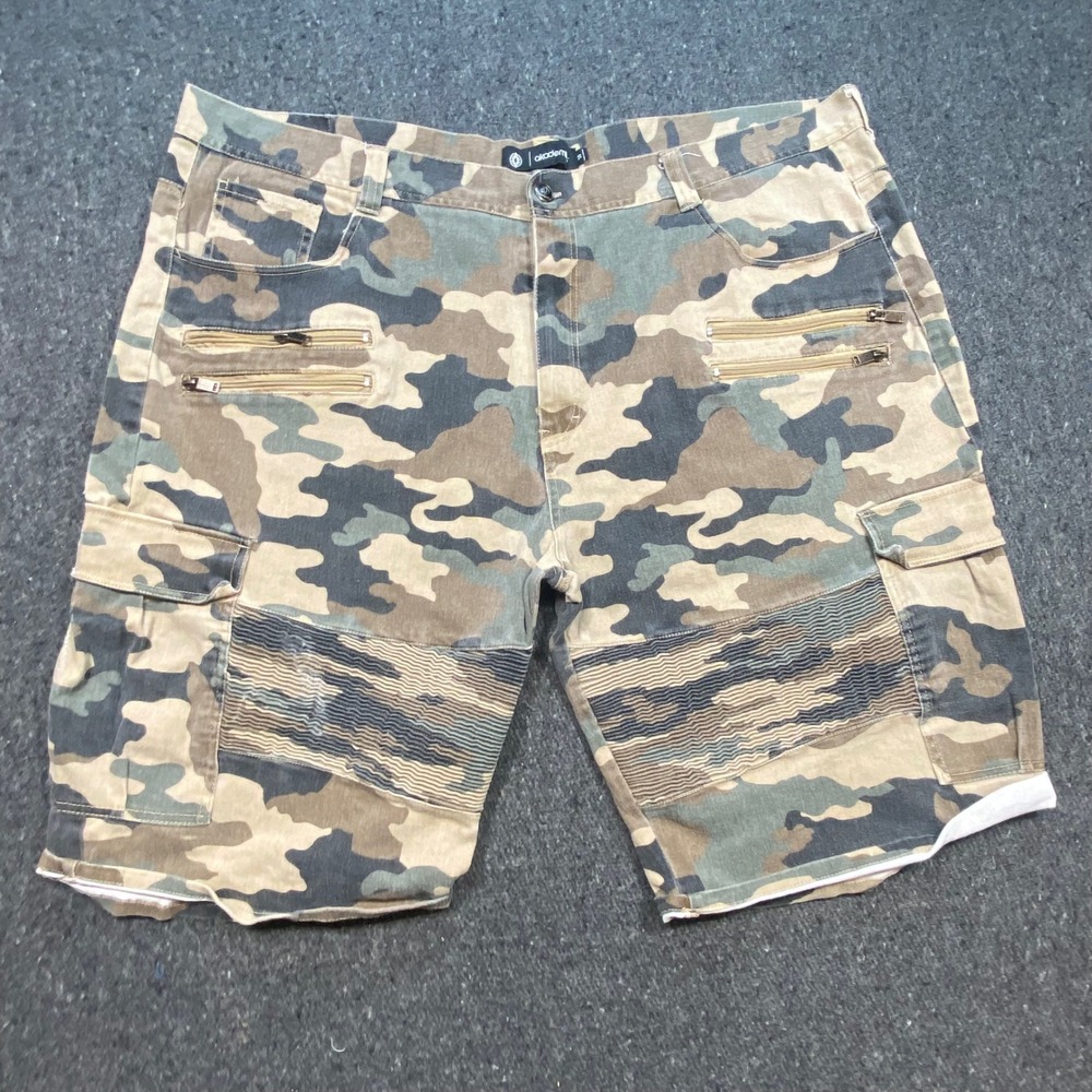 Akademiks Cargo Shorts 50 Men Green Camo Moto Ribbed Zipper Multi Pocket Utility